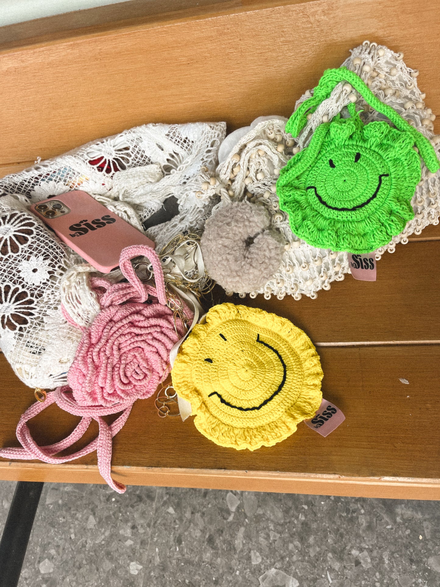 Miss Joy bag charm - green crochet
